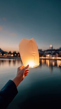  Floating Lantern In Hand Amidst Tranquil Waters Illuminating Evening Bliss