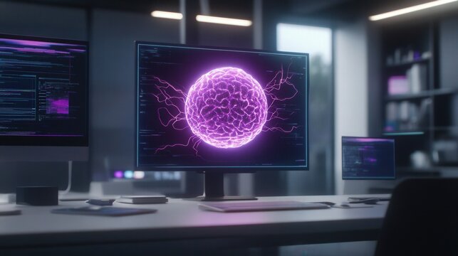 Futuristic Office Workspace Featuring Advanced Technology and Digital Innovation Concepts