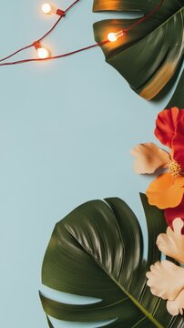 Vibrant Tropical Arrangement with Decorative Lights Ideal for Summer Celebrations and Events