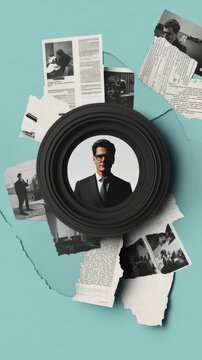 Elegant Man in Suit Framed by Vintage Photography and Torn Paper Collage on Teal Background