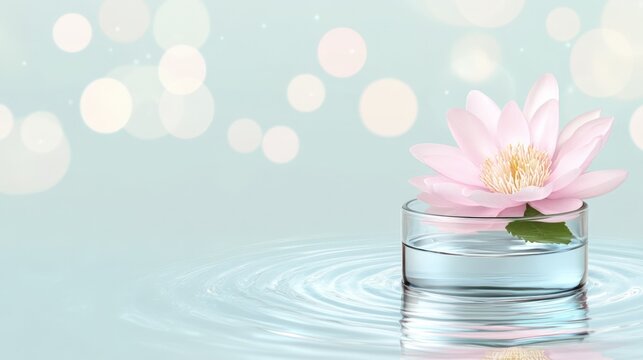 Serene Pink Lotus Blossom Floating on Calm Water with Gentle Ripples and Soft Bokeh Background