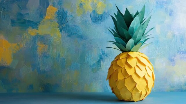 Colorful artistic pineapple sculpture with unique blue background texture. Cinco de Mayo, Battle of Puebla Day, Mexican Heritage Festival - Latin American Cultural Celebration