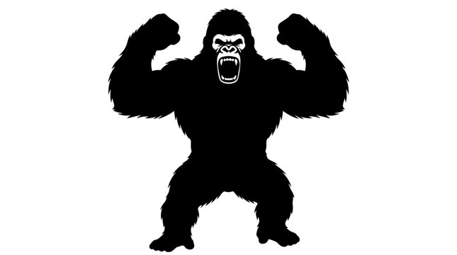 Black silhouette of an angry gorilla standing with arms raised showing power and strength in a bold graphic style