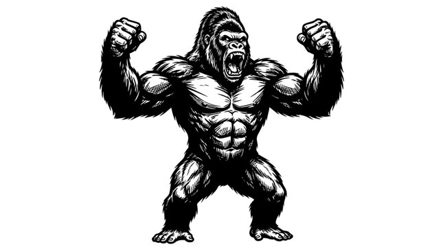 Strong angry gorilla showing muscles and roaring in a powerful pose