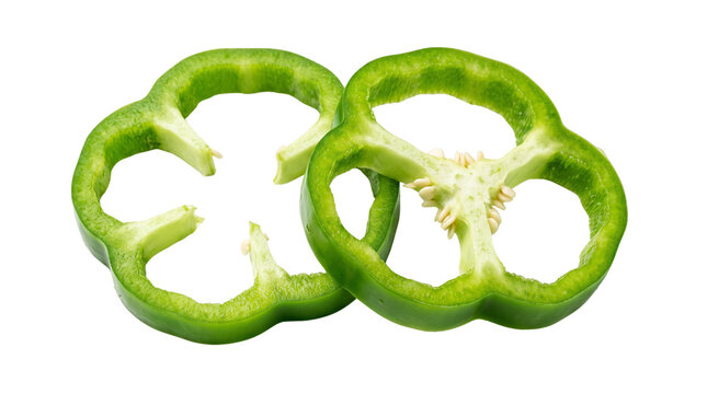Fresh sliced green bell pepper rings with seeds inside isolated on transparent background for healthy vegetable recipe illustration and clean food nutrition design.