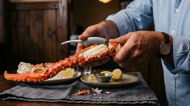 Man Hands Cracking Cooked Alaskan King Crab Leg With Shell Cracker Tool In Seafood Restaurant