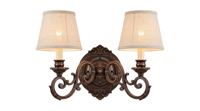 Classic bronze wall lamp with beige fabric shades and ornate vintage scroll details isolated on transparent background for luxury home interior lighting design.