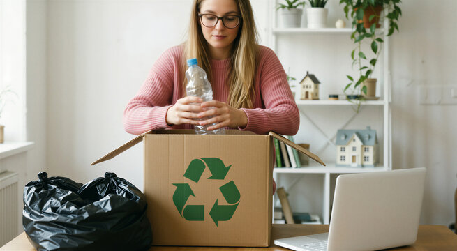 Woman handling plastic bottle over recycling box promoting sustainable lifestyle and eco-friendly habits.