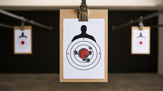 Bullseye on a paper silhouette target with multiple bullet holes, hanging in a indoor shooting range facility