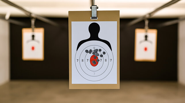 Shooting Range Target Practice with Bullet Holes in a Human Silhouette Target, Focus on Precision and Accuracy