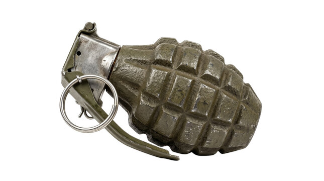 Metal hand grenade with safety pin and textured explosive casing represents military equipment and tactical combat tools for history and defense industry concepts.