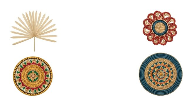 Set of four decorative woven handicrafts: fan palm leaf, embroidered mandala coasters, and woven wall art, isolated on white.