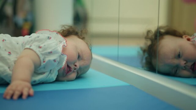Cute baby girl lying on a blue mat, curiously looking at her own reflection in a mirror, exploring self awareness