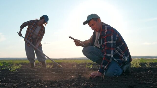 Man farmer checks soil in agriculture field with tablet. Woman farmer works soil using hoe in background. Farming team uses technology for agriculture. Workers inspect field soil outdoors.