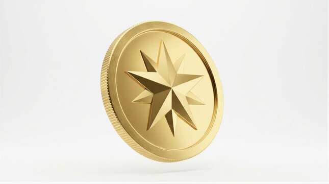 Gold coin with embossed compass star isolated on white background. Financial asset, cryptocurrency, investment, currency value, digital payment and business wealth concept