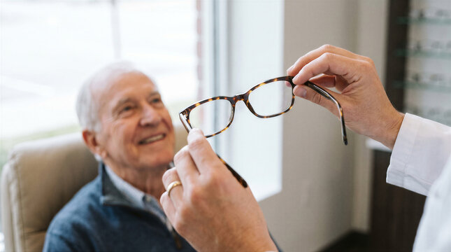 Optometrist holding up a pair of tortoise shell eyeglasses for an elderly male patient during a vision consultation