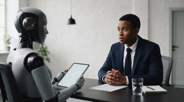A professional man in a suit sitting at a desk during a job interview with a futuristic humanoid robot holding a tablet