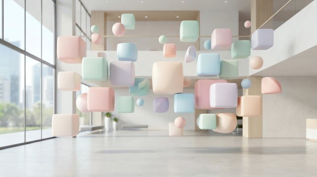 Soft pastel 3D abstract composition with floating rounded cubes, minimal studio background, elegant soft lighting, clean commercial stock design.