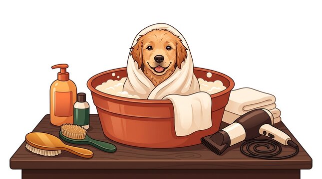 Golden Retriever Puppy Bathing In Tub, Symbol of Pet Grooming