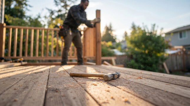Carpenter working on a wooden deck construction project outdoors at sunset with a hammer resting on the planks in the foreground