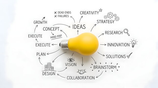 Yellow Light Bulb with Creative Business Mind Map Concept for Innovation and Brainstorming Process