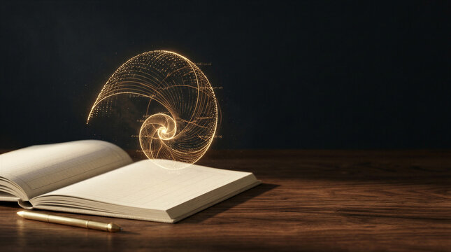Open notebook with glowing digital spiral visualization above pages. Knowledge management, data analysis, mathematical research, education and business innovation concept with copy space
