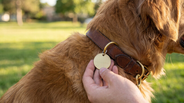 Closeup of a person holding a blank brass dog tag on a brown leather collar worn by a golden retriever outdoors