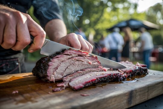 Chef slicing smoked barbecue brisket meat on wooden cutting board outdoors