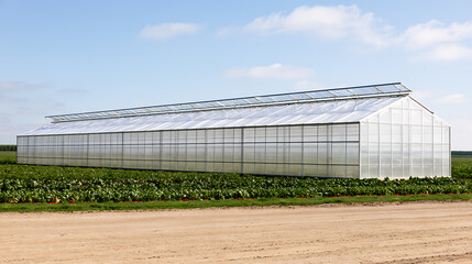 Naklejka premium Large Commercial Greenhouse Facility on Farmland with Dirt Road and Blue Sky, Cultivating Crops for Agriculture