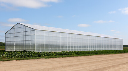 Naklejka premium Large Commercial Greenhouse Structure with Blue Sky and Green Crops, Modern Agricultural Cultivation Facility Exterior View