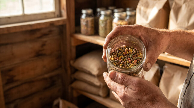 Closeup of a farmers hands holding a glass jar filled with colorful animal feed pellets in a rustic wooden storage shed