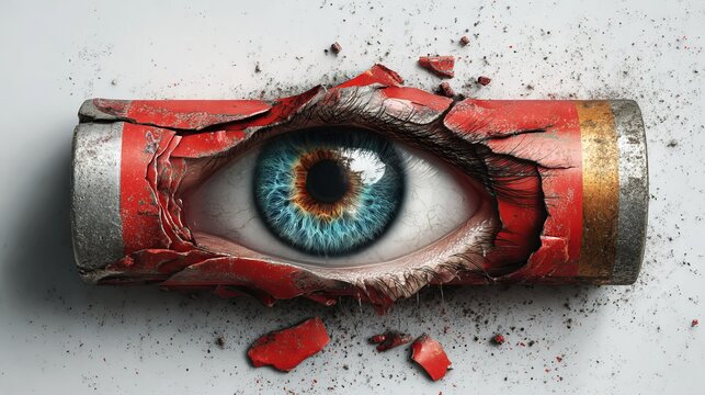 Piercing human eye emerging from a damaged red metallic cylinder with realistic eyelashes and intense blue iris against white background