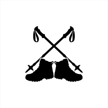 rossed trekking poles and hiking boots silhouette vector