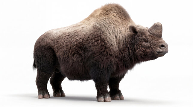 Elasmotherium sibiricum sensing the air, giant prehistoric rhinoceros raising its head and muzzle to detect scents carried by the wind in an alert natural behavior pose on white background