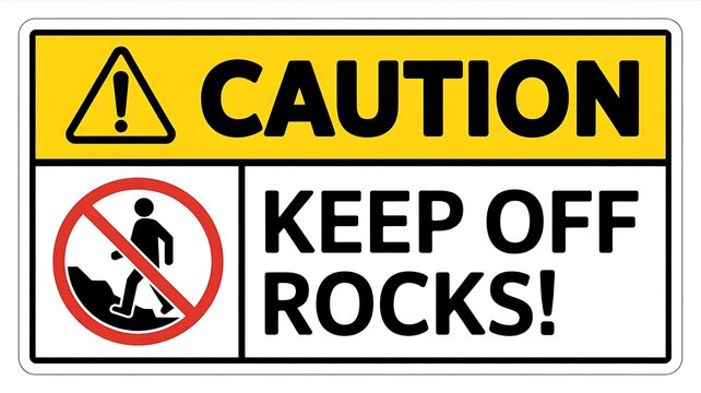 Caution keep off rocks warning sign