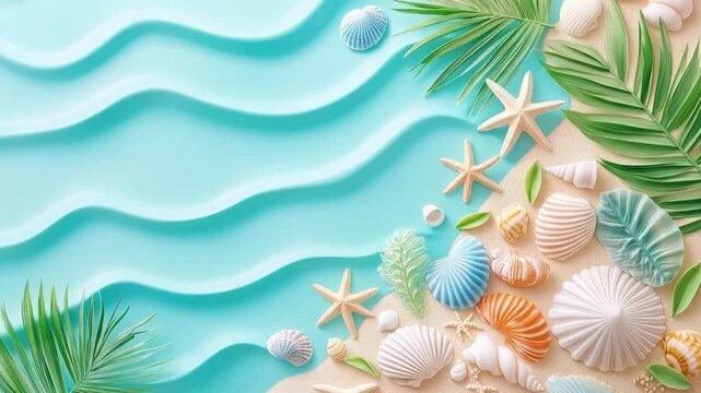 Dreamy beach scene for summer vacations. Palm leaves, seashells, starfishes on sand and sea waves for invitation card, banner, poster, background with copy space