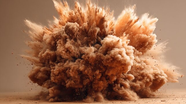 Massive dust explosion erupting with dynamic powder clouds captured in a high resolution studio photograph featuring intense light and motion