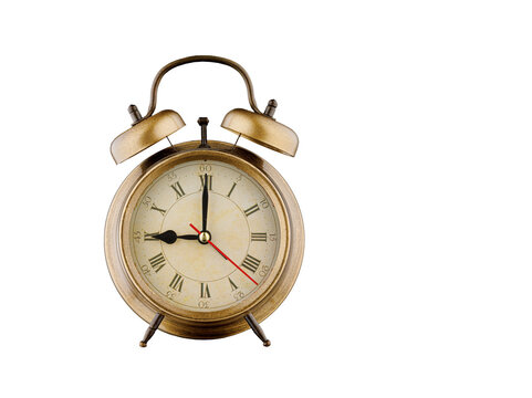 alarm clock, vintage clock with time 9 hours 00 minutes, a.m. 9:00, p.m. 9:00, on isolated white background close-up