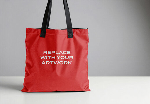 Tote bag mockup with black straps displayed on a white surface against gray background, realistic product presentation for branding and graphic design, Template