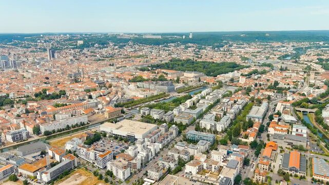 Nancy, France. Panorama of the central part of the city. Summer, Sunny day. Drone footage