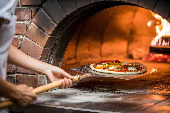 Chef baking traditional pizza inside a hot wood-fired brick oven in a restaurant