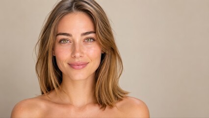 Fototapeta premium close up portrait of a smiling young woman with clear healthy skin and natural makeup against a soft neutral background