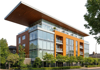 Fototapeta premium Modern apartment building with wood and glass exterior isolated on transparent background