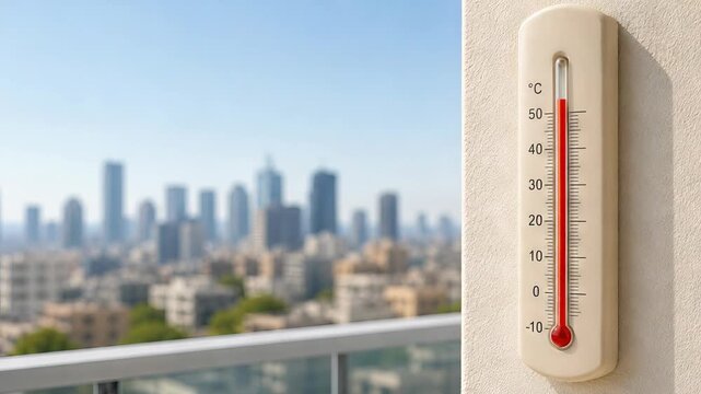 Outdoor thermometer on balcony showing rising temperature with blurred city skyline background. Heat wave concept. Summer weather measurement for climate monitoring