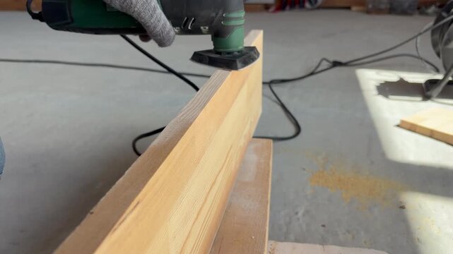 person sanding a board with a sanding machine. Renovation, carpentry. Close up