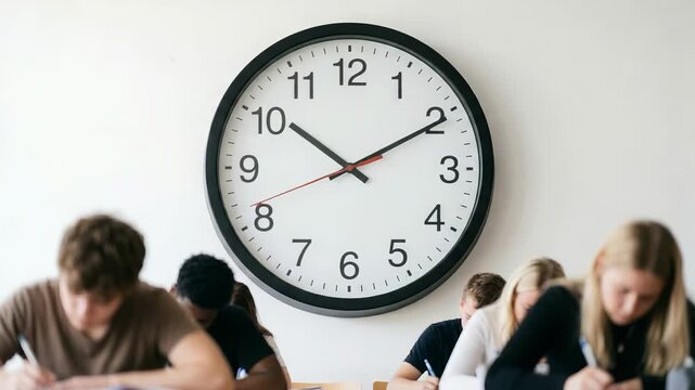 Students taking a test in a classroom with a large clock on the wall. Group of people concentrated on writing an exam. Time management and academic pressure