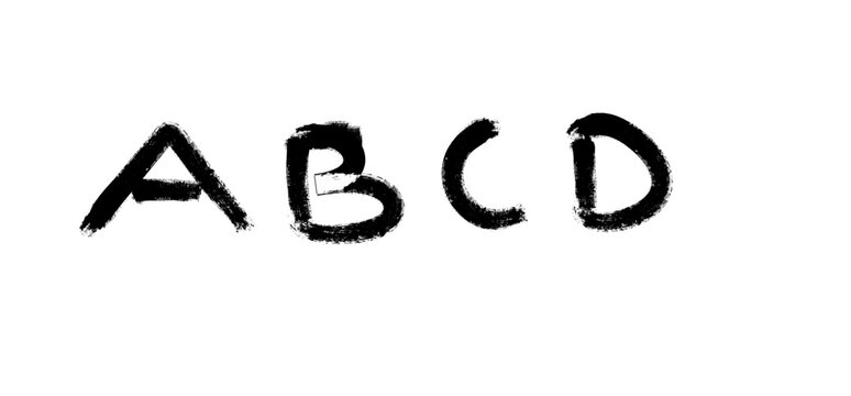 Handwritten letters abcd in black ink brush stroke style isolated on a white background