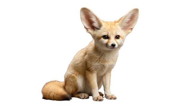 A cute fennec fox sitting isolated on a plain white transparent background for professional design use