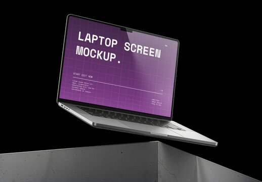 Floating Laptop Mockup Over Industrial Concrete Block