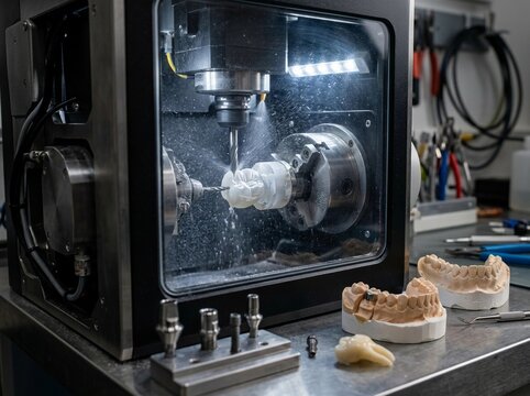 Automated Dental Milling Machine Producing Ceramic Tooth Crown in Laboratory